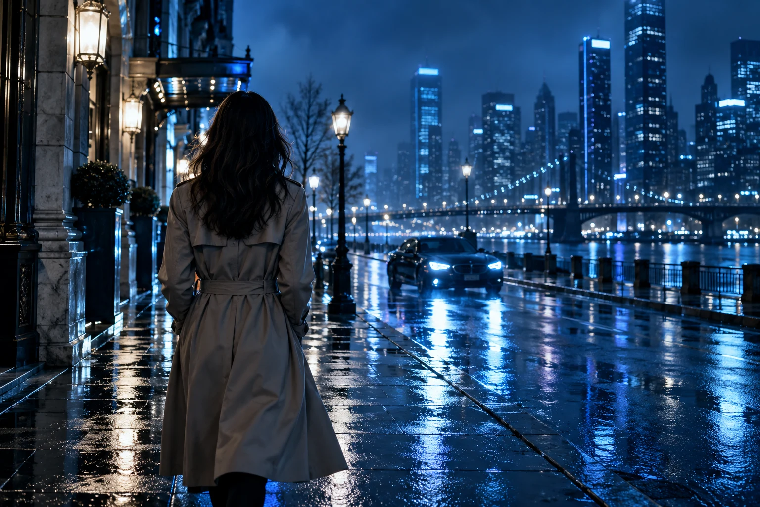 Scène de fiction cinématographique dans une ville aux lumières bleues sous la pluie