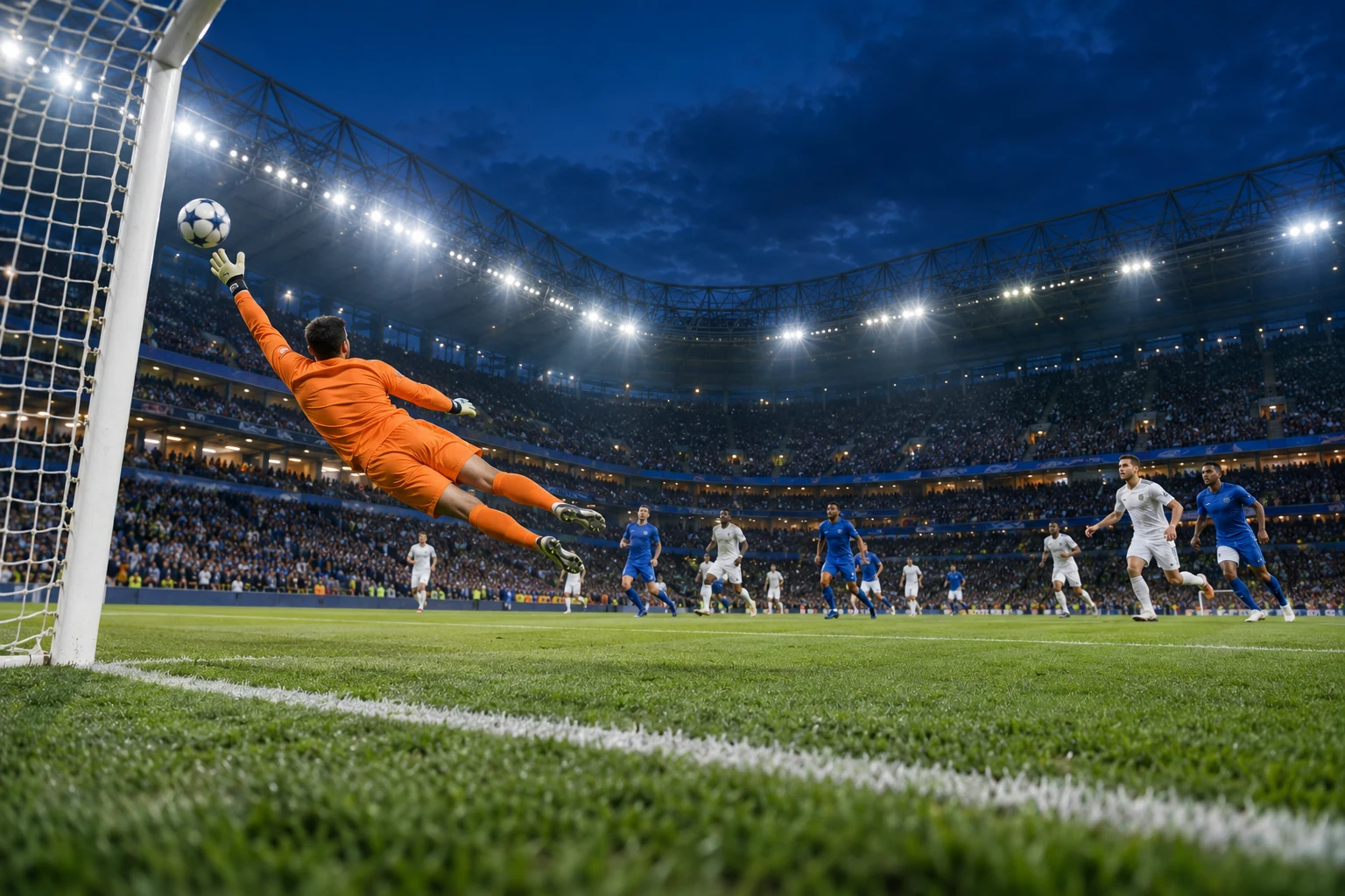 Gardien de but en action dans un stade de football éclairé, scène de match fictive