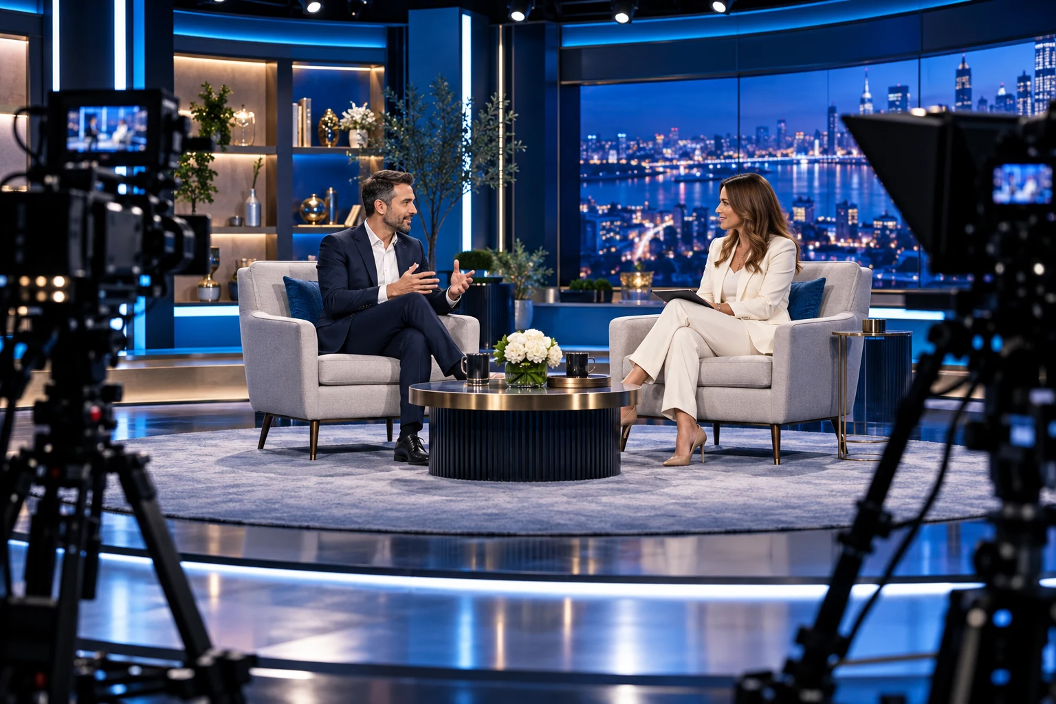 Deux présentateurs sur un plateau de télévision contemporain aux éclairages bleus